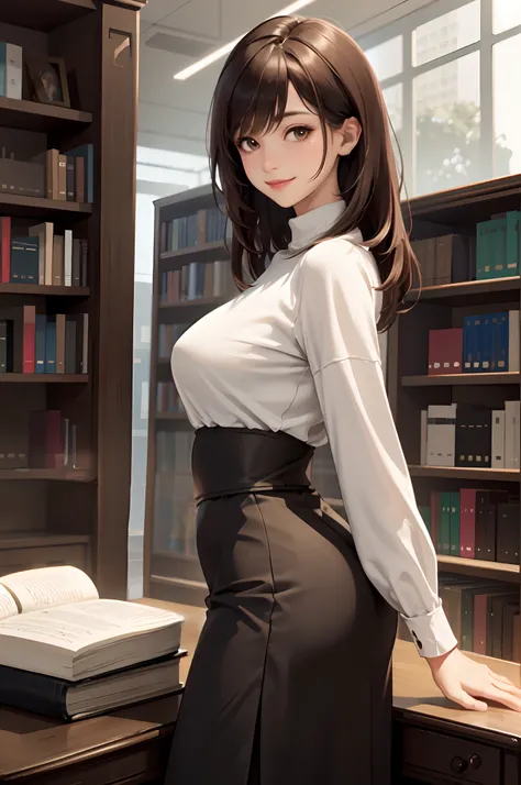 1lady solo, from side, /(knitted shirt/) /(high-waist long skirt/), mature female, /(brown hair/) bangs, light smile, (masterpiece best quality:1.3) delicate illustration ultra-detailed, large breasts BREAK /(public library/) indoors, bookshelves