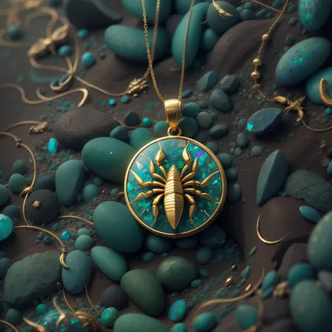 (Close-up of a round pendant engraved with a scorpion), (Made from gold and blue-green gravel opal)，abstracted，succinct
Simple dark background：1.3）
 Exquisite details, Dark background,close up photograph,Photography,Photorealism,surrealism, handicraft,Beje...