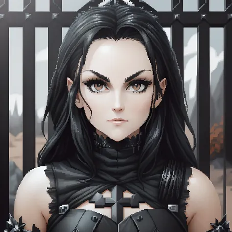 A closeup shot of a black metal bar gate with sharp points in pixel art style remove the person and remove the background