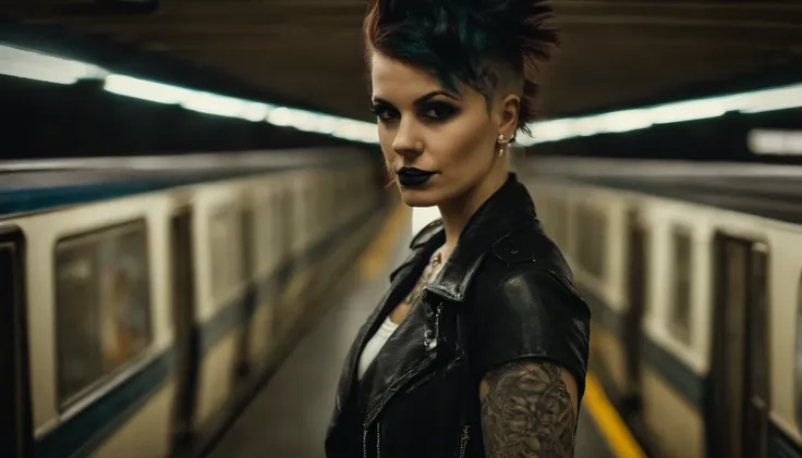 punk girl posing for a photo in a subway, punk fashion, tattoed face, tattooes, beautiful punk woman, night shooting, subway lights, ultra detailed.