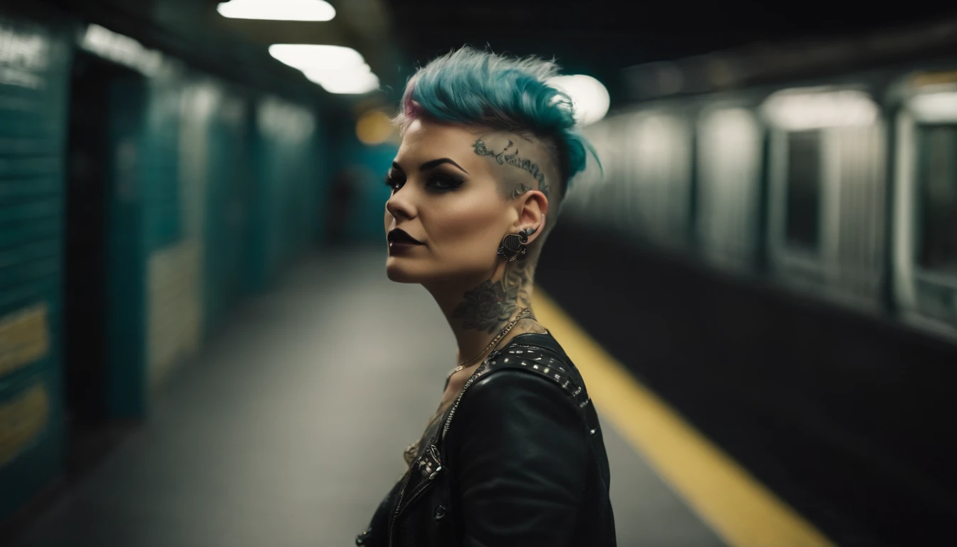 punk girl posing for a photo in a subway, punk fashion, tattoed face, tattooes, beautiful punk woman, night shooting, subway lights, ultra detailed.