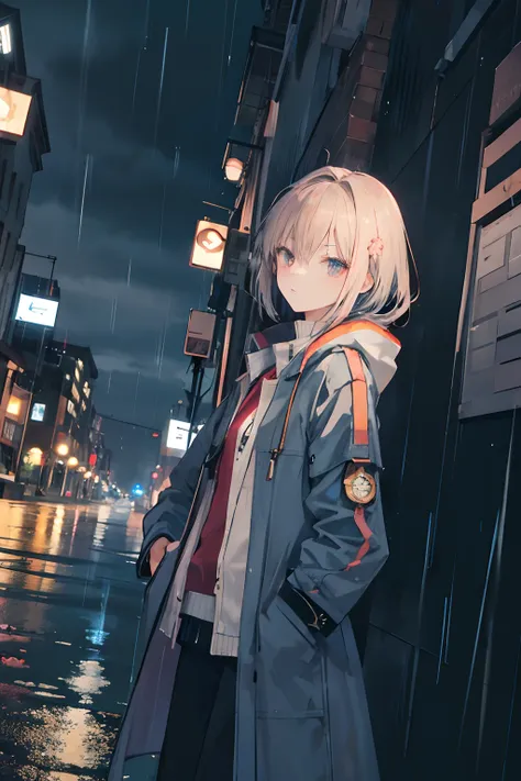 1 girl, night city, rain, coat, hands in pockets