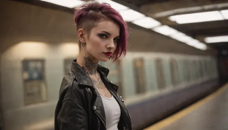 punk girl posing for a photo in a subway, punk fashion, tattoed face, tattooes, beautiful punk woman, night shooting, subway lights, ultra detailed.