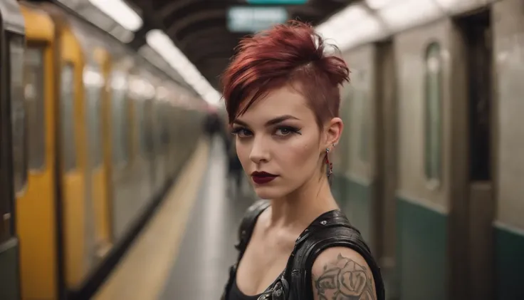 punk girl posing for a photo in a subway, punk fashion, tattoed face, tattooes, beautiful punk woman, night shooting, subway lights, ultra detailed.