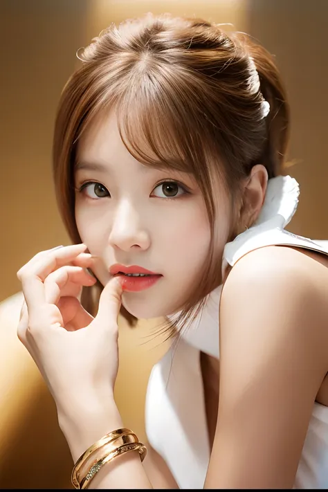 Alafe girl with light brown hair and white top、with light brown hair, Popular Korean Makeup, Portrait of female Korean idol, Gorgeous bracelets、耳Nipple Ring、a necklace