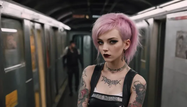 punk girl posing for a photo in a subway, punk fashion, tattoed face, tattooes, beautiful punk woman, night shooting, subway lights, ultra detailed.