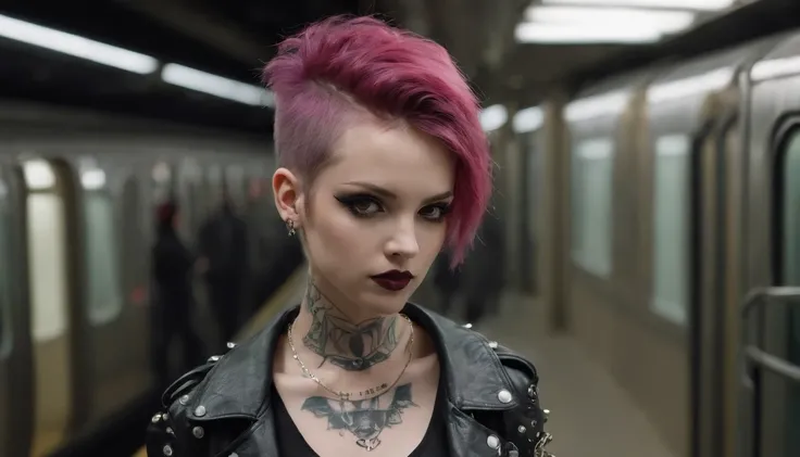 punk girl posing for a photo in a subway, punk fashion, tattoed face, tattooes, beautiful punk woman, night shooting, subway lights, ultra detailed.