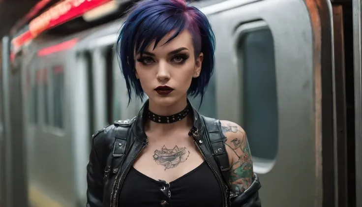 punk girl posing for a photo in a subway, punk fashion, tattoed face, tattooes, beautiful punk woman, night shooting, subway lights, ultra detailed.