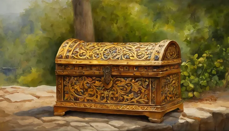 A Golden Chest, no jardim ,  oil-painting, classical style, cores ricas, pinceladas, texturas vibrantes, retratos expressivos, dynamic compositing, Capturando luz e sombra, artistry, beleza atemporal.