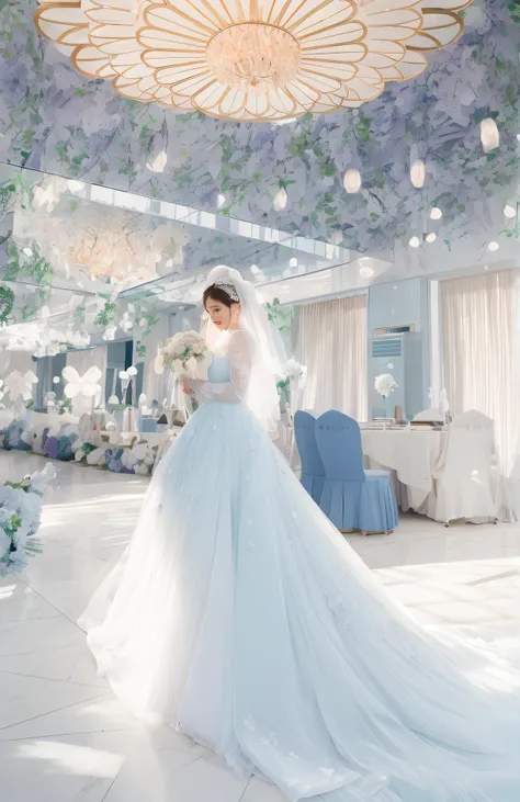 The bride in the wedding dress stands in the room，There are blue chairs on the chairs, luxurious wedding, Bride, Wedding, Shot on Canon EOS R 6, miko, enchanted surroundings, shaxi, , Self-restraint, 🤬 🤮 💕 🎀, shot with canon eoa 6 d mark ii, bright light m...