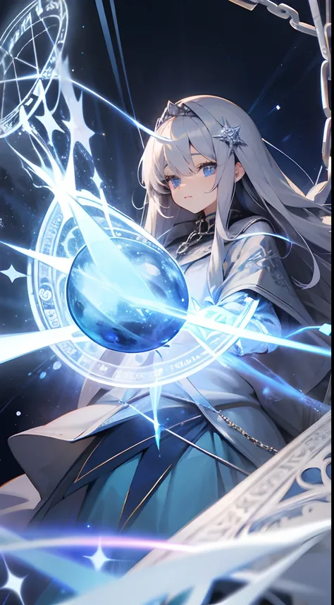 illustratio、With long silver hair、Sapphire-like eyes、Magic circle behind、chains、Large magic wand with snowflake motif、sorcerer