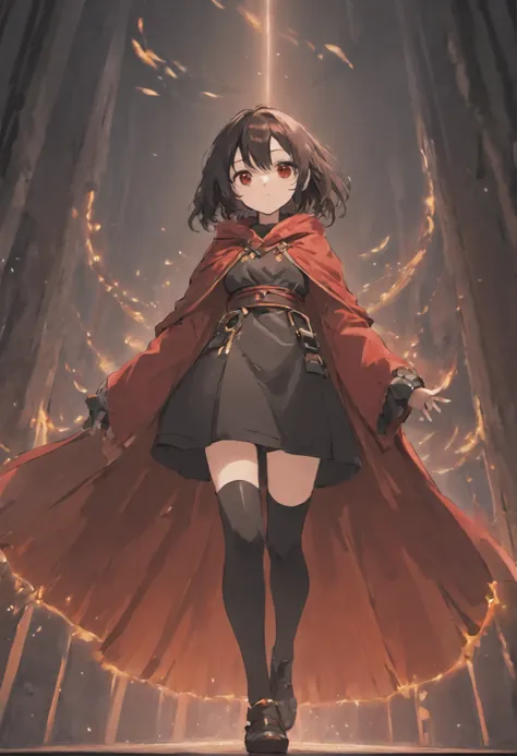 14years old girl
Flat chest
Shoulder-lengh black brown hair
Red eyes
Black cloak
Red robe
Orange boots
Black chocker
Black belt
Black fingerless gloves
White bandage on left shin
Black knee socks on right shin
Small hands 
Small arms

Anime style