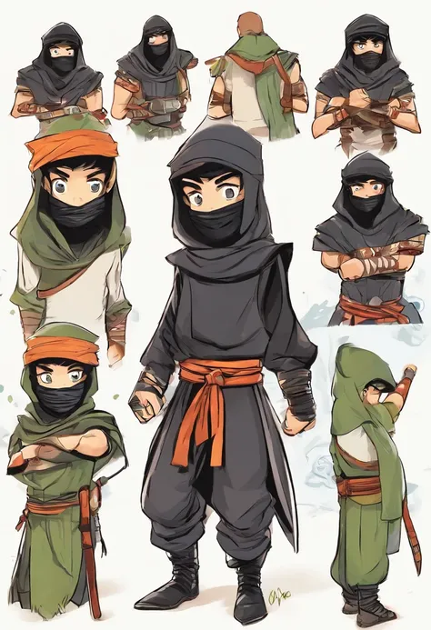 boy character model, different angles poses and expressions, childrens book illustration style, character sheet with white background, charming ninja with black clothes, balaclava, headband and black boots