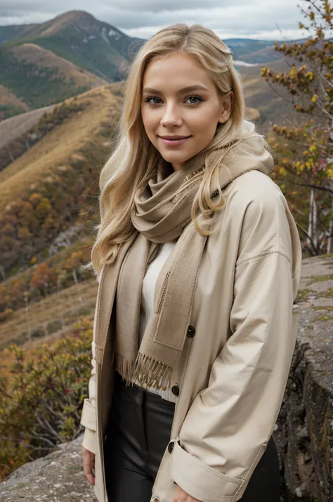 30 years old blonde woman, beige winter coat, scarf, black pants, makeup, high detail face, smile, direct seductive look, high detail hands, high detail eyes, long blonde hair, white skin, ultrarealistic, posing on the cliff, mountain landscape, autumn, ra...