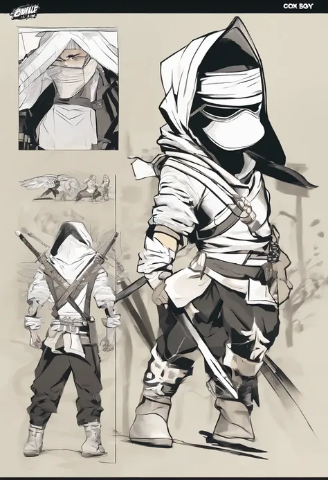 boy character model, poses and expressions from different angles with spacing between them, childrens book illustration style, character sheet with white background, charming ninja in black clothes, balaclava, bandana and black boots