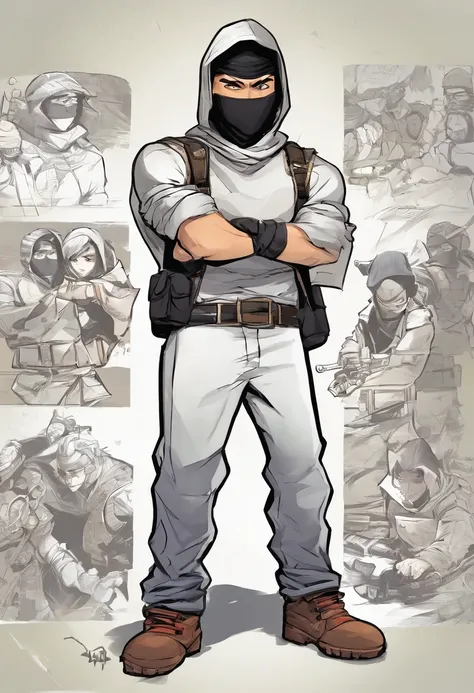 boy character model, poses and expressions from different angles with spacing between them, childrens book illustration style, character sheet with white background, charming ninja in black clothes, balaclava, bandana and black boots