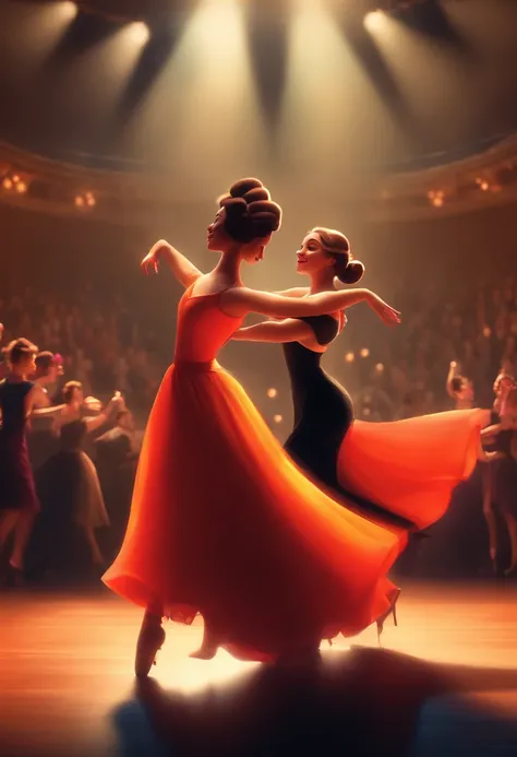 2girls, Pair of dancers, tango, Joyful, Elegant Pixar-style free space ,orchestra, Large crowds, musical note