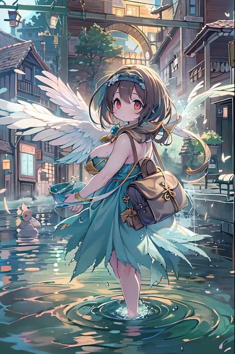 absurderes, hight resolution,, (1girl in, Solo), Big eyes,, townscape,, (Water Effects, Light Effects, fluttering feathers:1.2),bbw