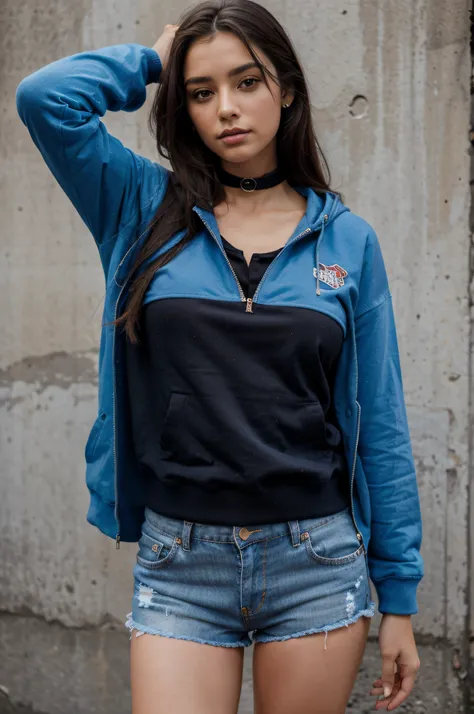 ((Sudadera enorme que lo cubre todo)), posando coqueta, 1 mujer, solo, cuerpo musculoso,  realista, jewely, collar, Cruz invertida, cabello negro, Cabello largo, peinado de doble cola, blue jean shorts, Mirando al espectador, Collar cruzado, Azul Guaita