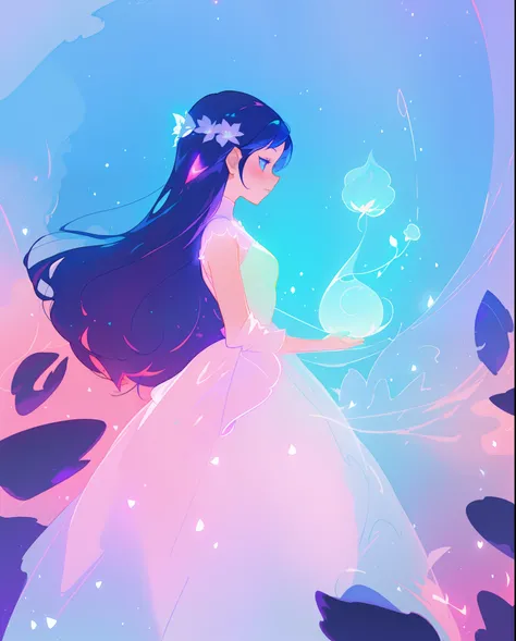 beautiful girl in puffy white ballgown, long dark hair, magical glowing blue lights, magical, whimsical, blue pink and purple colors, watercolor illustration, inspired by Glen Keane, inspired by Lois van Baarle, disney art style, by Lois van Baarle, glowin...