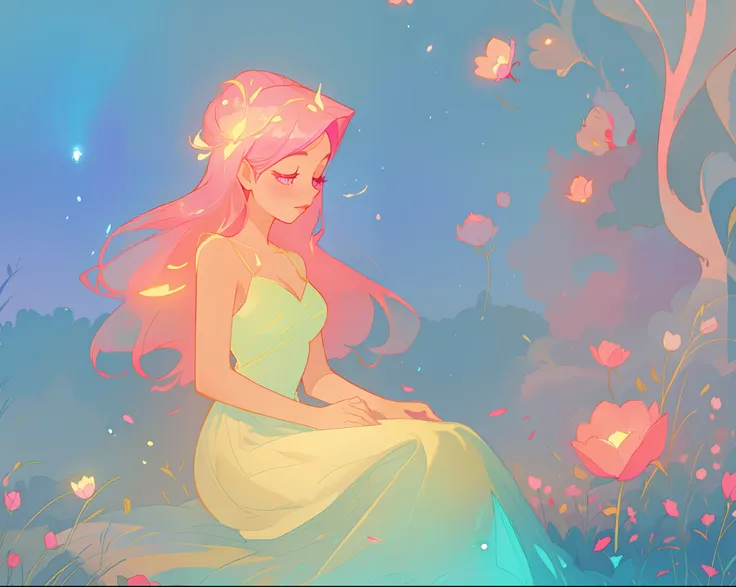 beautiful girl in white dress, fairy dress, beautiful girl sitting in a field with pink red flowers, glowing lights, whimsical landscape, long pink flowing hair, watercolor illustration, inspired by Glen Keane, inspired by Lois van Baarle, disney art style...