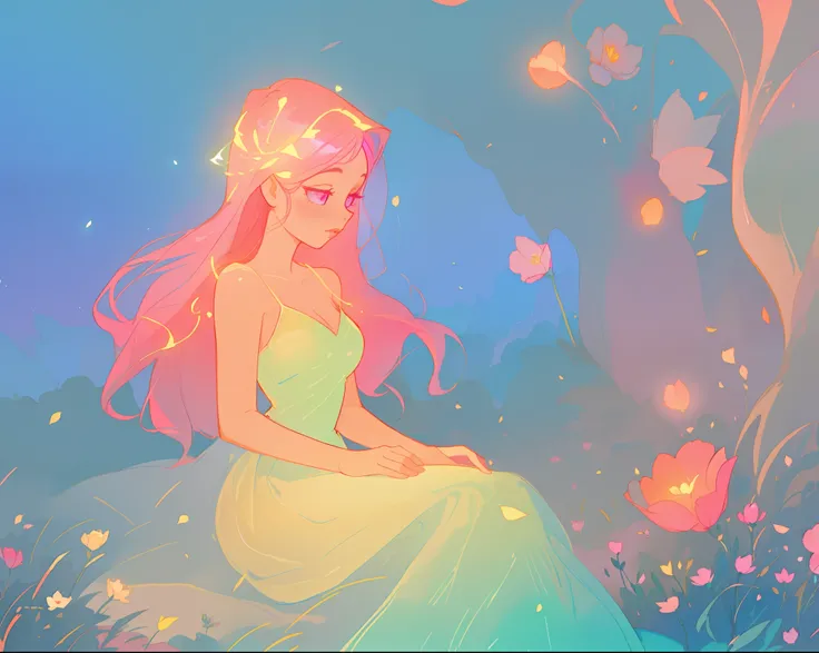 beautiful girl in white dress, fairy dress, beautiful girl sitting in a field with pink red flowers, glowing lights, whimsical landscape, long pink flowing hair, watercolor illustration, inspired by Glen Keane, inspired by Lois van Baarle, disney art style...