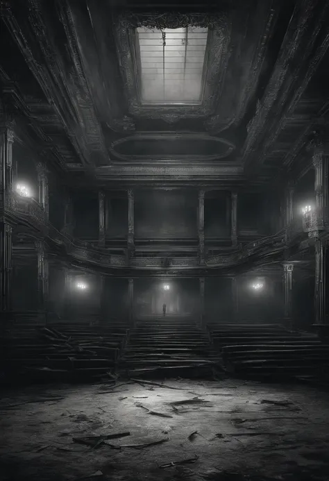 Illustrate the abandoned music hall at the edge of Discordia, shrouded in an eerie mist, with the ghostly glow emanating from within.