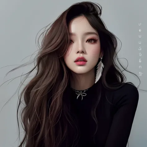 um close up de uma mulher com cabelos longos usando um top preto, Beautiful digital illustration, pintura realista da menina bonito, Retrato de Jossi de Blackpink, realistic digital illustration, No estilo de arte de Bowater, Retrato Jisoo Blackpink, estil...