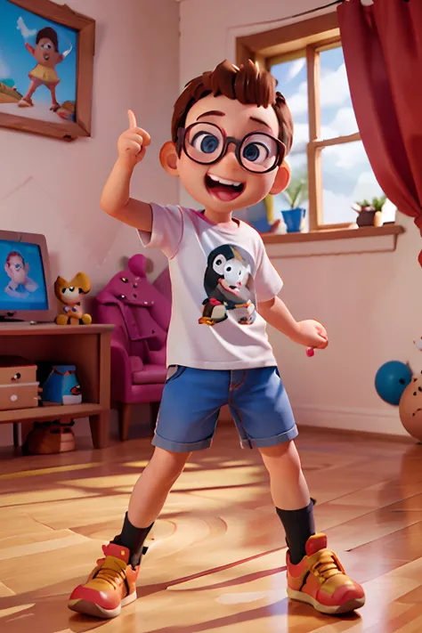 a 3d pixar disney style movie poster with a happy 3y.o boy wearing glasses playing playstation in your room.