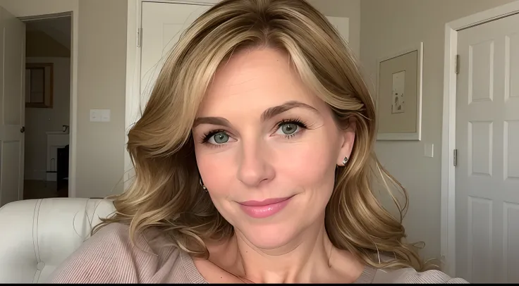 47-year-old woman with blonde and brown hair, chest size of 36 B, dressed like a mother, nice full lips, casual smile, eyes are clear and fully round