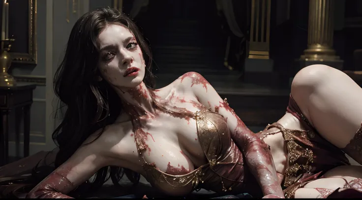 half body shot of a zombified rich woman wearing an elegant dress in a baroque hall, horror movie, aristocratic aesthetic, ultra detailed, photorealistic, masterpiece.