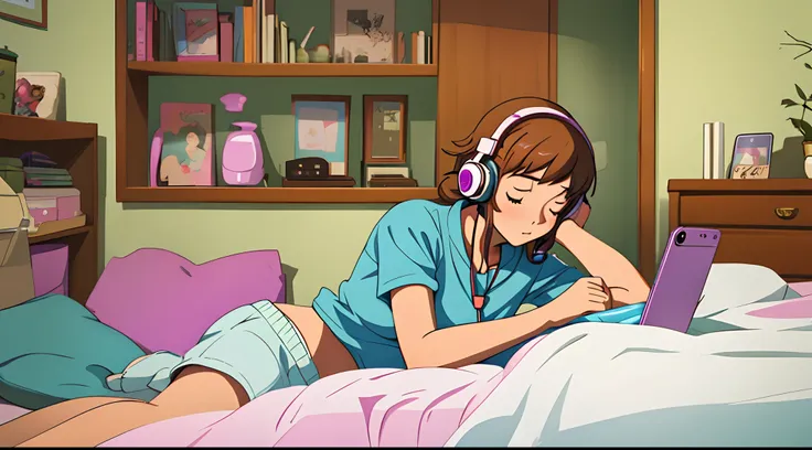 Lofi style, a girl laying on the bed, playing smartphone, listening to music using headphones, cozy room,