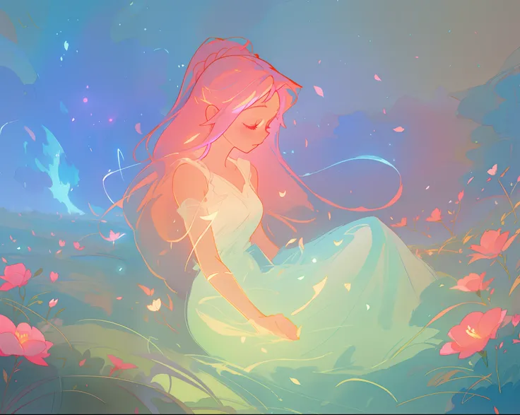 beautiful girl in white dress, fairy dress, beautiful girl sitting in a field with pink red flowers, glowing lights, whimsical landscape, long pink flowing hair, watercolor illustration, inspired by Glen Keane, inspired by Lois van Baarle, disney art style...