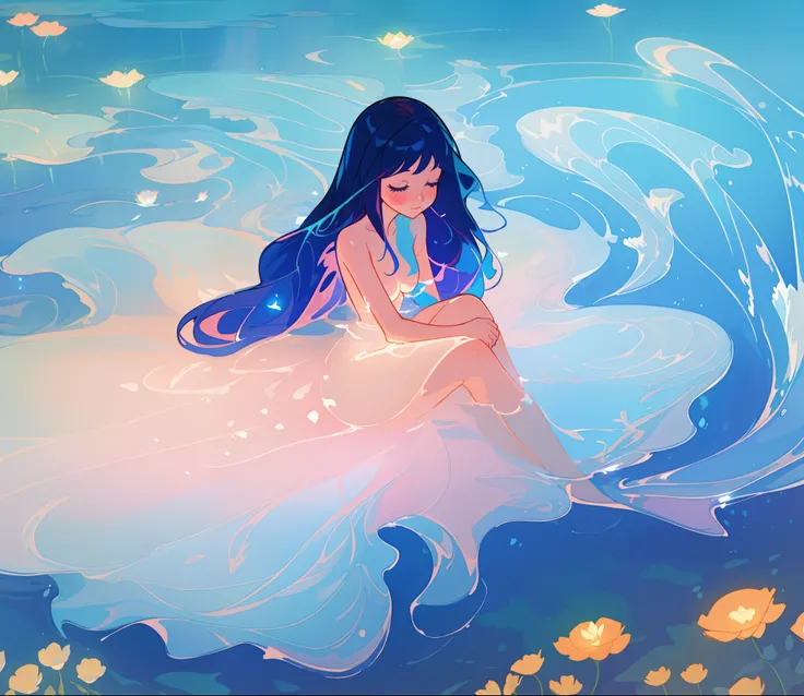 beautiful nude girl covered by seafoam, long dark hair, beautiful girl sitting in the water, dress made of white seafoam, water nymph, water fairy, watercolor illustration, inspired by Glen Keane, inspired by Lois van Baarle, disney art style, by Lois van ...