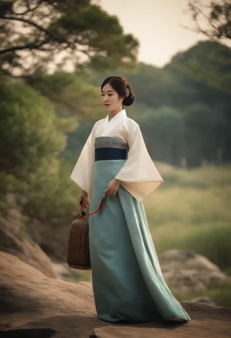 Ancient Korean Girl, hair light,, Slightly curled, Realistic facial features, Hanbok，hiquality，big breasts are beautiful，tmasterpiece，The best quality at its best