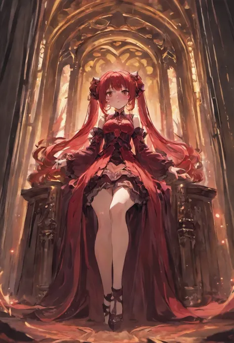 Long hair that reaches to the waist.Gothic lolita.Clothing in red tones.teens girl.Sauce order.sitting in a throne.kawaii