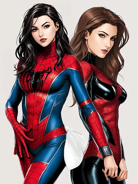 can you draw me a Marvel character, a brunette woman with medium-length hair, slightly wavy, the woman has very dark brown eyes and her eyes are a bit almond-shaped, she has very long eyelashes, a normal size breast,. She wears the same outfit as spiderman...