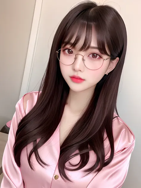 product quality, 1girl, long dark hair with bangs, deep brown eyes, pink satin lips, glasses, satin skin, soft glossy lips