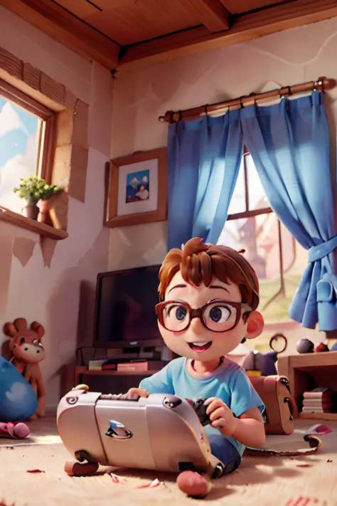 a 3d pixar disney style movie poster with a happy 3y.o boy wearing glasses, brown eyes, playing playstation in your room.