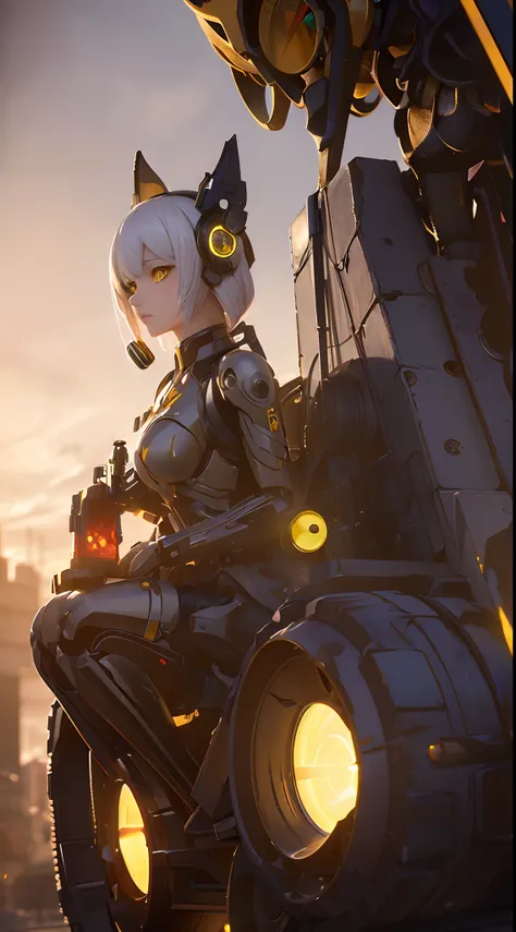 (masutepiece:1.2,High quality), 1girl in, ((super realistic details)), Global Illumination, shadowy, Unreal Engine, Octane Render, 8K, ultrasharp, Metal, Convoluted, ornaments detailed, highly intricate detail, Yellow eyes, (Mechanical body:1.2), White hai...