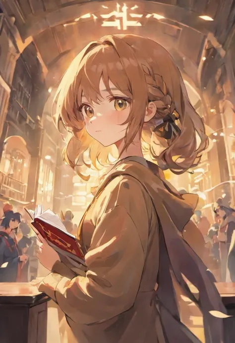 Girl with a book.Light brown hair.uses magic.Glasses removed.Wearing a graduation cap.Wearing a cloak.Eyes are brown.eyes gentle.Age is 11 years old.Hair braids.Vermilion gloves that extend to the upper arm.The background is the library.Wearing a belt.kawa...