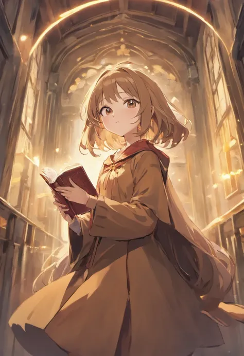 Girl with a book.Light brown hair.uses magic.Glasses removed.Wearing a graduation cap.Wearing a cloak.Eyes are brown.eyes gentle.Age is 11 years old.Hair braids.Vermilion gloves that extend to the upper arm.The background is the library.Wearing a belt.kawa...