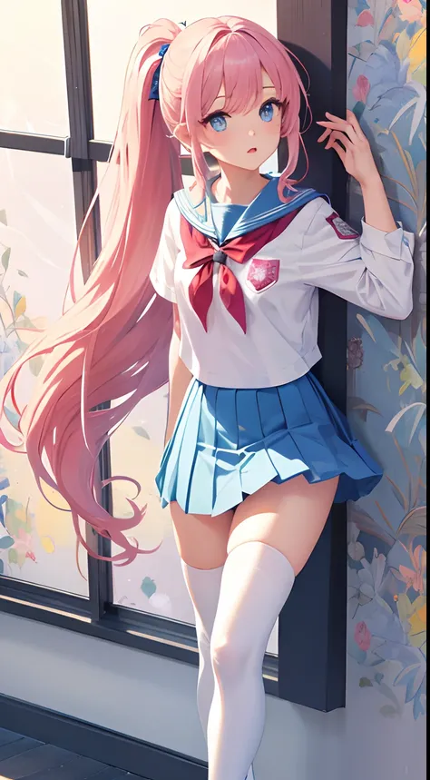 1girll, Solo, Long hair, front ponytail, Pink hair, Blue eyes, Beautiful detailed eyes, white thighhighs, school uniform, llight rays, Colorful, High contrast, (Masterpiece), the wallpaper,standing on your feet