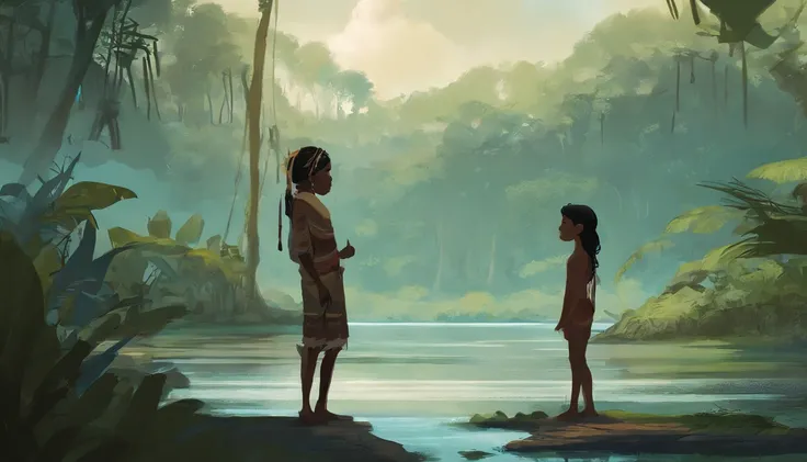 An indigenous Brazilian boy, forte, Talking to a black-haired indigenous girl, Next to a river in an Amazon rainforest.