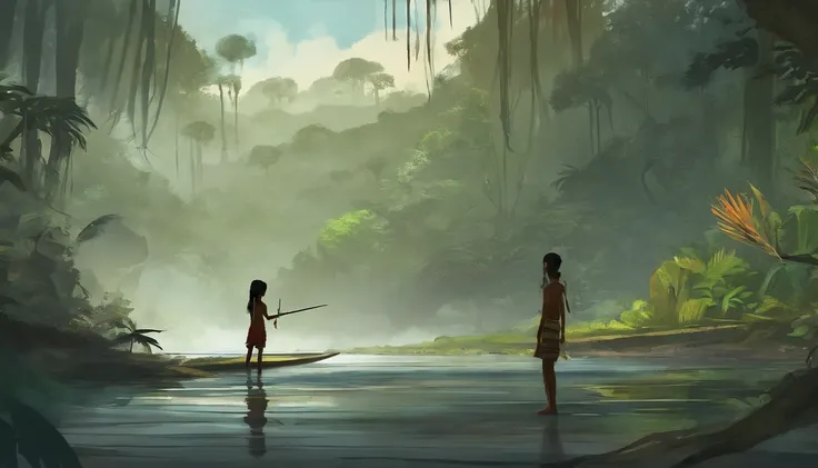 An indigenous Brazilian boy, forte, Talking to a black-haired indigenous girl, Next to a river in an Amazon rainforest.