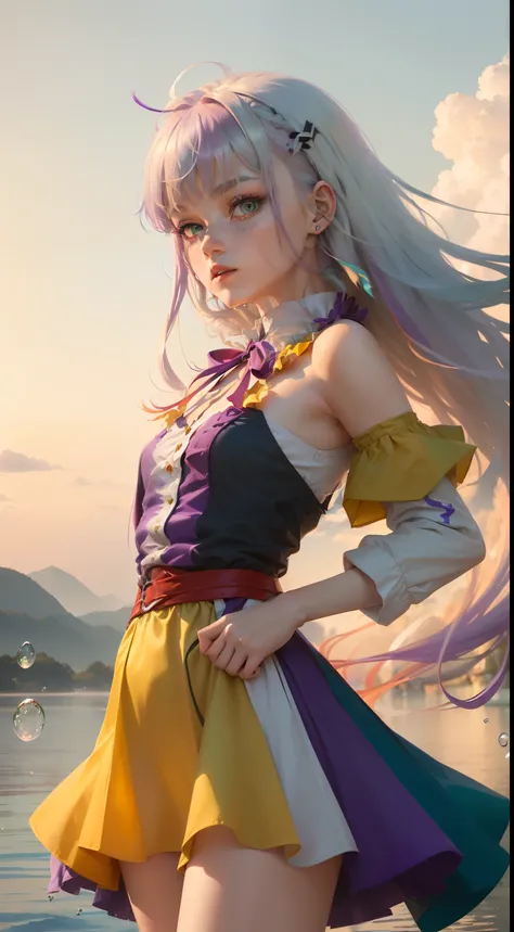 1.5),(1 girl),(Dynamic Pose),(multicolored hair+Silver hair:1.3+Red hair:1.2+Purple hair+Yellow hair:1.3+Green hair:1.3),(Blue eyes),(Neck ribbon),(floating),(cloud),(Too many drops of water),(Twilight),(watercolor paiting),(Wide Shot)