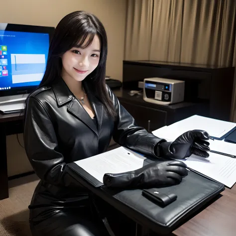 8K

Wearing black leather gloves in both hands, upper body full body, wearing a black business suit, facing the desk in my room with a computer in the dark, looking down and smiling, writing a letter using a fountain pen, black hair has been tied behind fo...