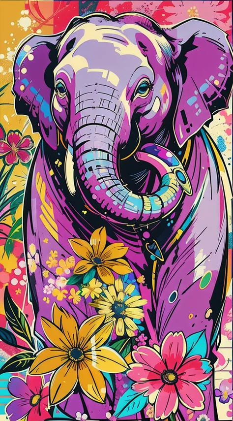 Create digital artwork in the Pop Art style, Featuring a vibrant and confident elephant，street fashion, Movie color scheme, Surrounded by vintage flower motifs, Vibrant brushstrokes,Emotions should be dynamic, Upper body, Drawing, illustration, escala cinz...