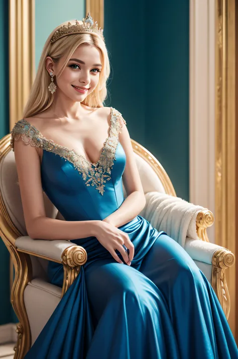 Realistic Minimal cinematic portrait of beautiful queen, smiling, wearing blue imperial gown ,sitting on throne, blonde hair, stud earrings, pastel color theme, Feminine, 8K, Masterpiece, Best Quality, great details) , (high saturation, best shadows, best ...