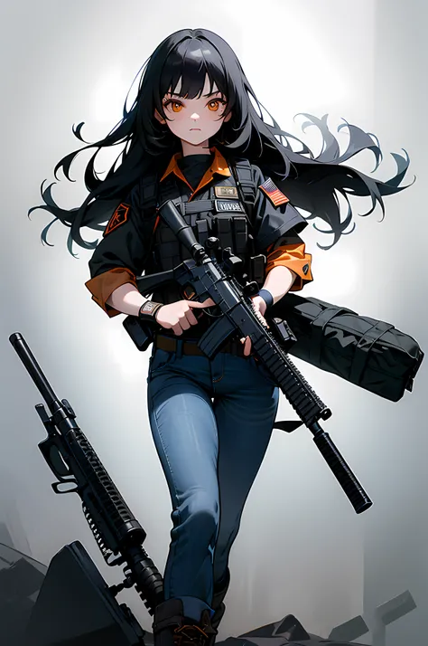 (8K Ultra High-Quality) (Masterpieces) 1 Girl, Solo, long black hair, orange eyes color, wearing tactical Jacket, wearing blue Jean, wearing boots, carrying US Army bag, holding M16A4 Assault Rifle, wearing British armband, curious face looking at viewer.